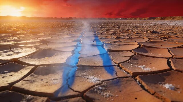 Pulling back camera revealing cracked salt crust on arid flat, blue streaks steaming from sun