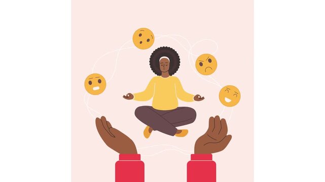 Emotional balance concept with a woman gently floating above supportive hands, surrounded by expressive faces as she meditates with closed eyes to maintain inner calm, animated illustration