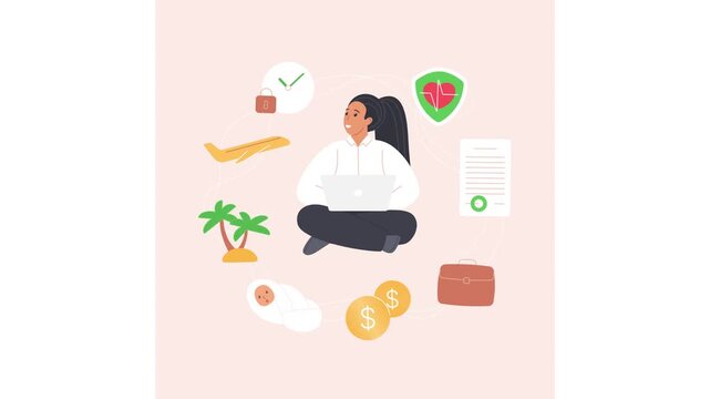 Employee benefits concept with a woman using a laptop as icons appear around her, representing health insurance, paid vacation, parental leave and financial bonuses, animated illustration