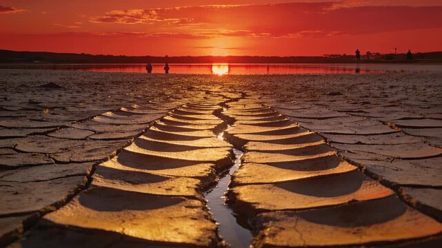 Reflecting sun nearing horizon, dry mud and water channel drawing eye toward shoreline at lakebed