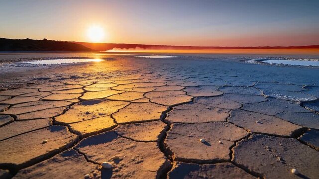 Rising sun lighting cracked salt crust on flats, shrinking triangular shadow, reflecting pools