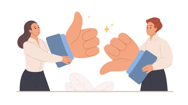 Feedback concept with a woman and man holding oversized thumbs up or down symbols that gently sway, expressing opposing opinions, isolated on white background animated illustration