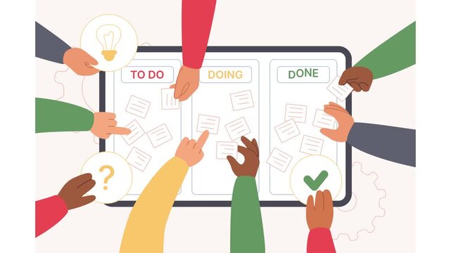 Agile project management concept with hands appearing around a kanban board, pointing to task cards beside idea, question and completion symbols, showing team workflow, animated illustration