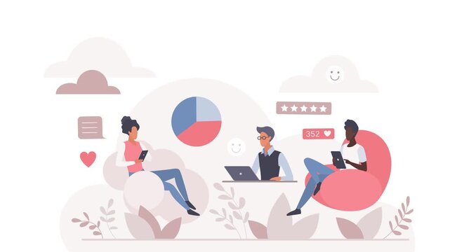 Social media engagement concept featuring three people using digital devices as feedback icons, ratings and analytics appear around them, isolated on white background animated illustration