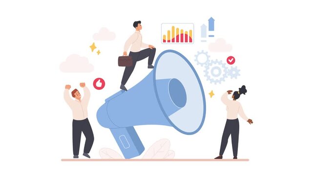 Social media promotion concept reveals three people around a oversized blue megaphone with growth charts, gears and approval icons, isolated on white background animated illustration