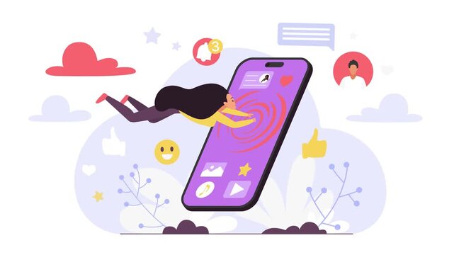 Smartphone addiction concept with a woman pulled toward a swirling screen as social media icons appear around the giant purple device, isolated on white background animated illustration