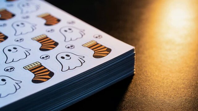 Lifting top right corner, sticker sheet curling on dark tabletop with ghost, sock, skull icons