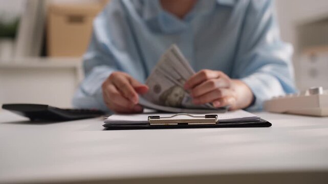 Asian businesswoman counting US dollar cash stack with both hands over clipboard financial report document at office desk.