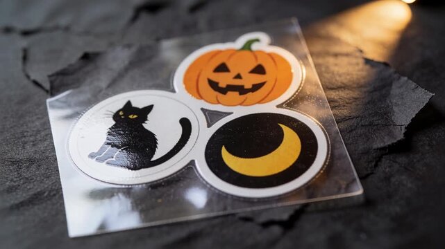 Tightening camera capturing sticker sheet on torn black paper, showcasing pumpkin cat moon gloss