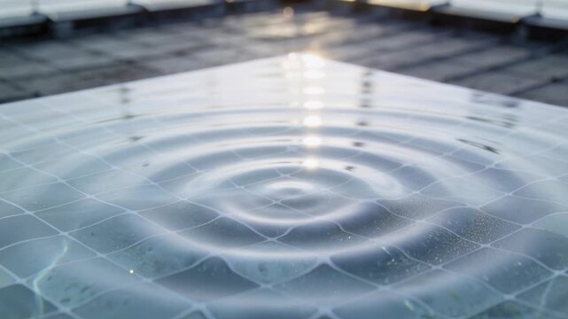 Propagating concentric ripples, thin water film covering panel over PV grid, triggered by droplets