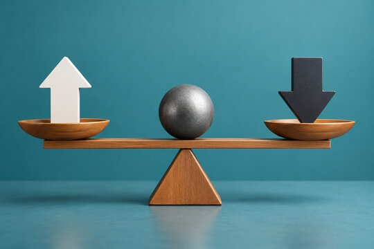 Balancing Act: A wooden balance scale depicts the equilibrium between opposing forces, with an upward arrow and a downward arrow on either side of a central sphere, symbolizing choice, decision.