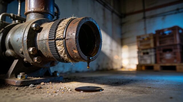 Dripping rusted pipe forming, releasing oil droplet onto concrete, forming puddle from gasket leak