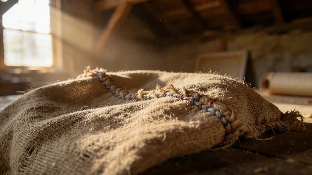 Moving camera bringing burlap sack into focus in loft workshop to accentuate stitched seam and dust