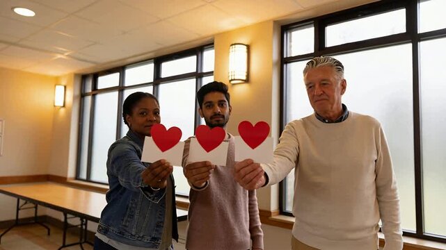 On cue presenting trio in casual clothes moving heart cards forward in meeting room forming row