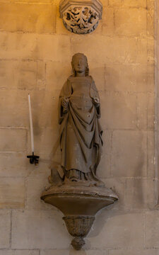 Verneuil-sur-Avre, France - 10 09 2026: Church of the Madeleine. Detail view the statue of the Virgin