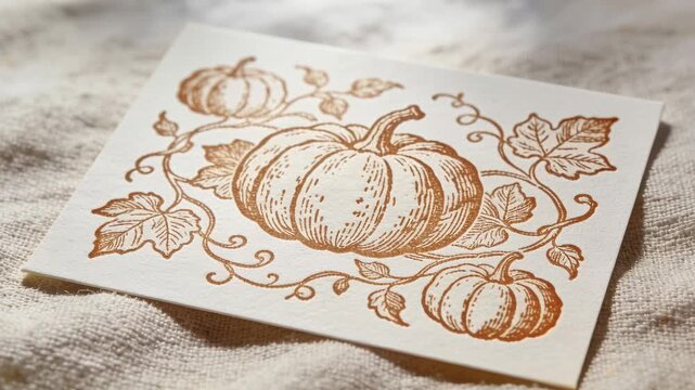 Moving camera revealing cream paper card on linen cloth, showing sepia pumpkin and ink texture