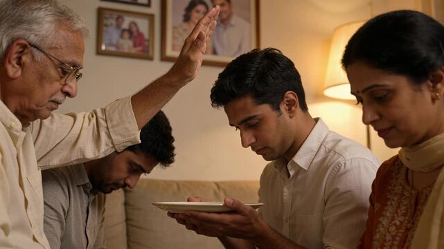 Blessing elder man in kurta raising hand over plate at home, man holding plate, family ritual