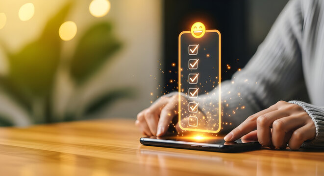 Checklist rating questionnaire hologram glowing above modern smartphone displaying customer feedback evaluation process with happy emoji face icon