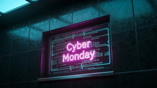 Looping, pulsing neon panel showing pink Cyber Monday in cyan frame on recessed wall