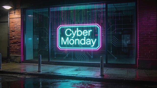 Looping pulsing neon Cyber-Monday sign digital rain falling on store window, promoting sale