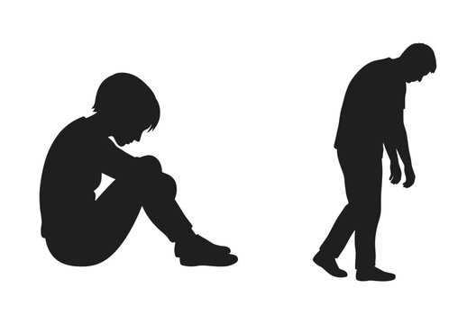 Human silhouettes depicting sadness and dejection against a white background silhouette figures