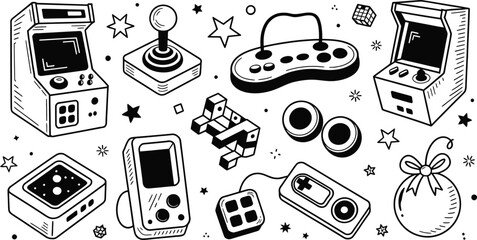 retro video game arcade machines and controllers vector doodle © Tamimkhangeox