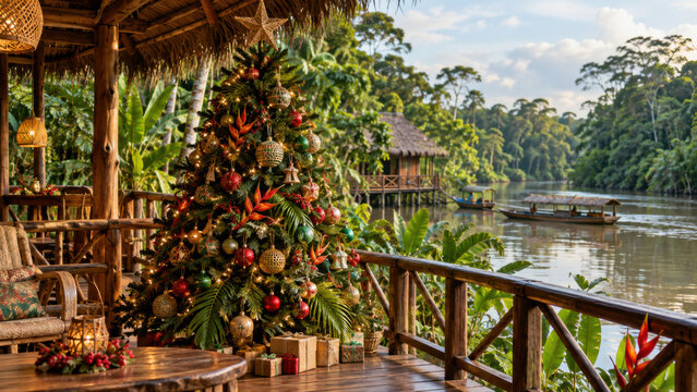 Tropische Weihnachten in Peru: Ein geschm&uuml;ckter Weihnachtsbaum mit Geschenken steht auf einer rustikalen Holzveranda. Dahinter liegen ein Fluss, Boote und der &uuml;ppige gr&uuml;ne Regenwald.