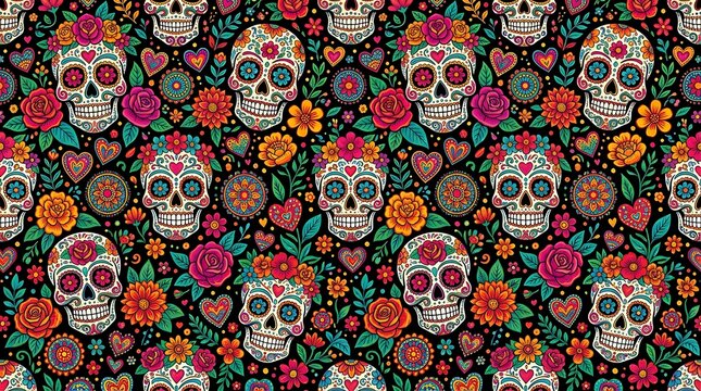 Seamless pattern with decorated sugar skulls and flowers for dia de muertos