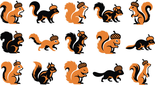 Cute autumn squirrels wearing acorn hats in various playful poses and actions
