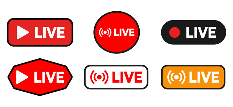 Set of red and black live broadcast badges with play buttons and signal symbols