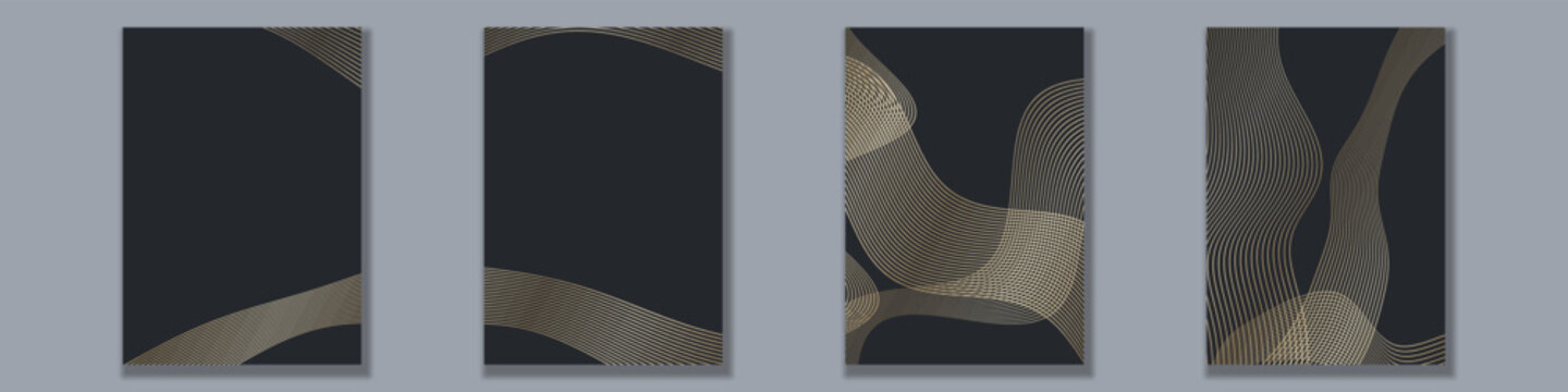Set of four dark aesthetic flyer templates with golden wavy line graphics, modern minimalist covers for luxury branding, corporate presentation layout