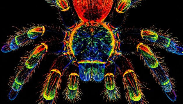 Vibrant Colorful Tarantula Spider Macro with Glowing Neon Rainbow Colors on Black Background