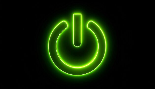 Glowing green neon power button symbol on dark background