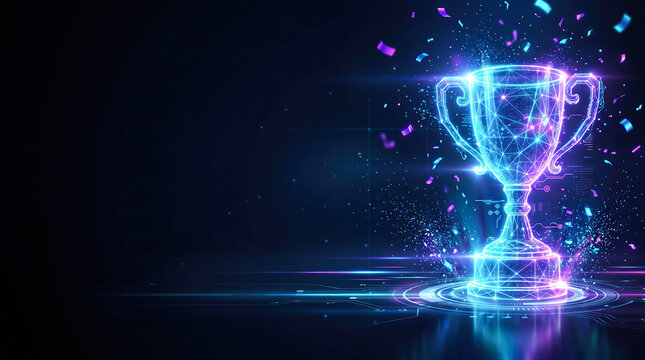 Glowing digital trophy stands on a futuristic platform with blue and purple neon lights and falling confetti