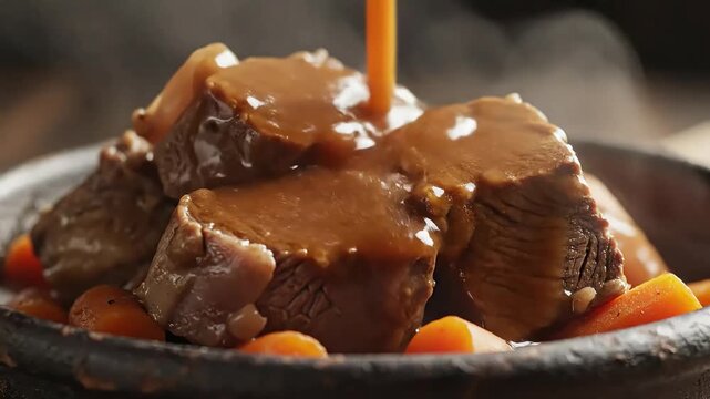 Rich Brown Gravy Pouring over Tender Beef Stew with Visible Steam, Close-Up