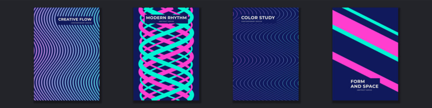 Set of four modern abstract book covers featuring colorful geometric lines and dynamic wave shapes for corporate presentation, magazine layout, or stationary template