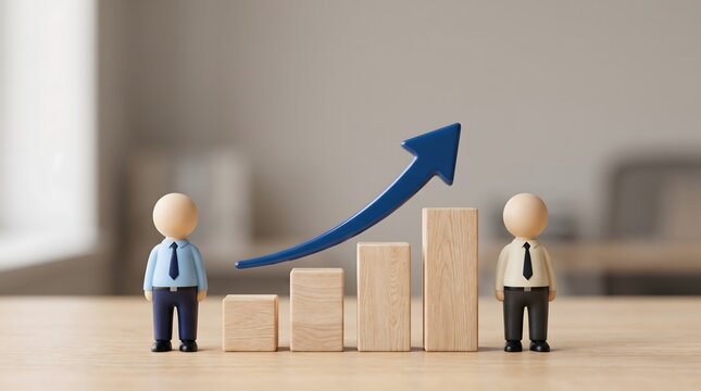 Two wooden peg dolls standing on either side of an upward trending wooden bar chart with a blue arrow. Concept of corporate team success and business growth presentation.