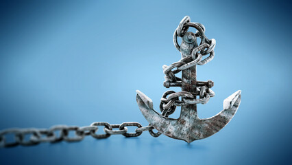 Rusty metal anchor and chain isolated on blue background. 3D illustration © Destina