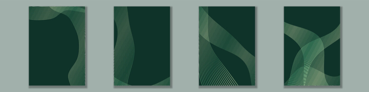 Set of abstract dark green corporate cover templates with wavy lines and minimalist geometric shapes, modern business brochure layout, annual report background vector