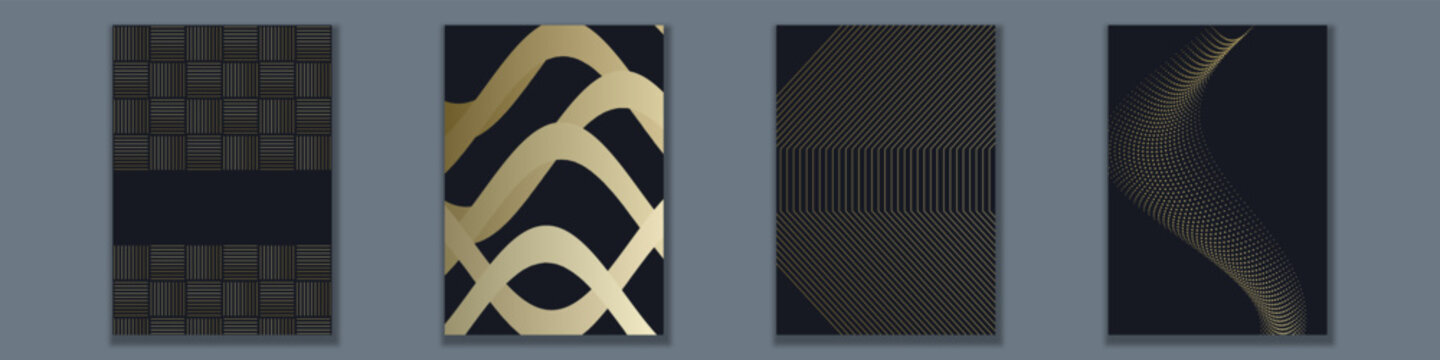 Luxury dark gold abstract vector covers set with geometric lines and waves