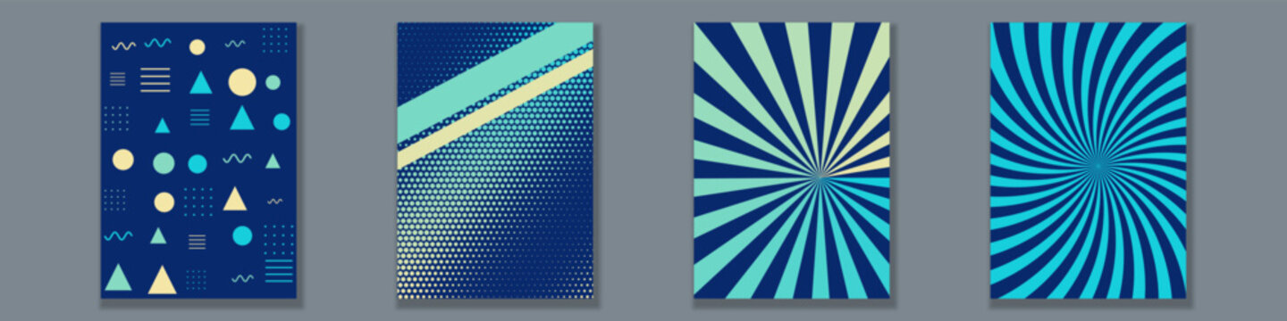 Four abstract posters with geometric shapes, dotted patterns and rays in blue and turquoise colors