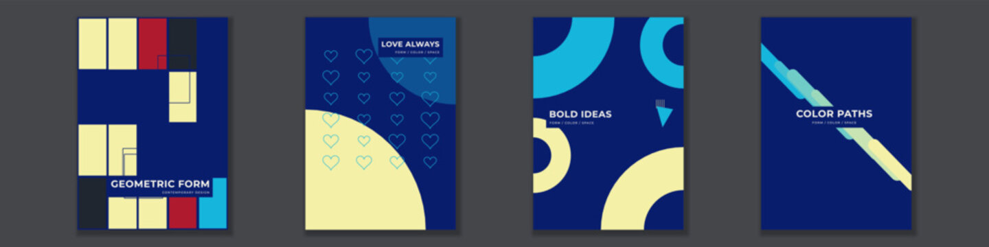Modern minimalist geometric book covers featuring abstract shapes, primary colors, typography and contemporary layout composition templates