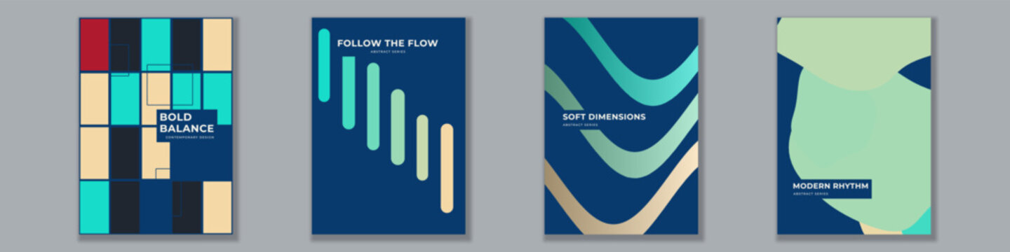 Collection of minimal abstract posters featuring geometric shapes, contemporary compositions and modern typography for corporate presentations, portfolio covers and stationery layouts