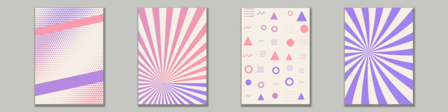 Set of four abstract graphic posters with geometric shapes, sunburst rays, halftone dots, and pastel colors