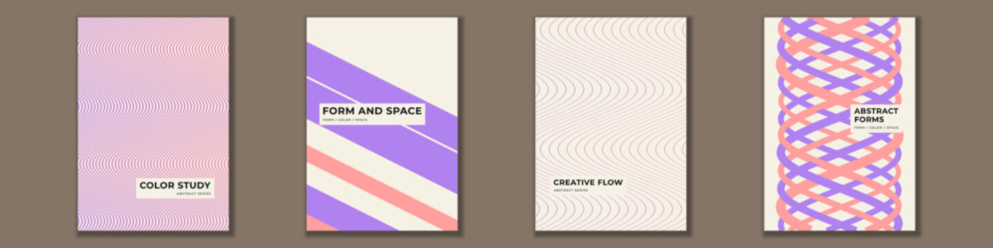 Set of four modern minimalist cover templates featuring abstract geometric shapes, pastel colors and wavy lines for corporate brochure, stationery and presentation layout