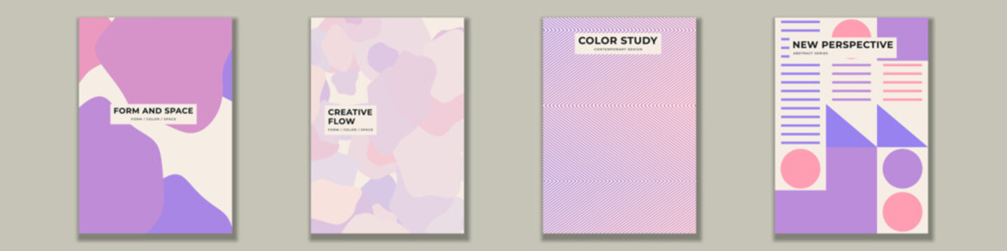 Four abstract corporate document covers with geometric shapes and pastel color palettes for annual reports or presentations