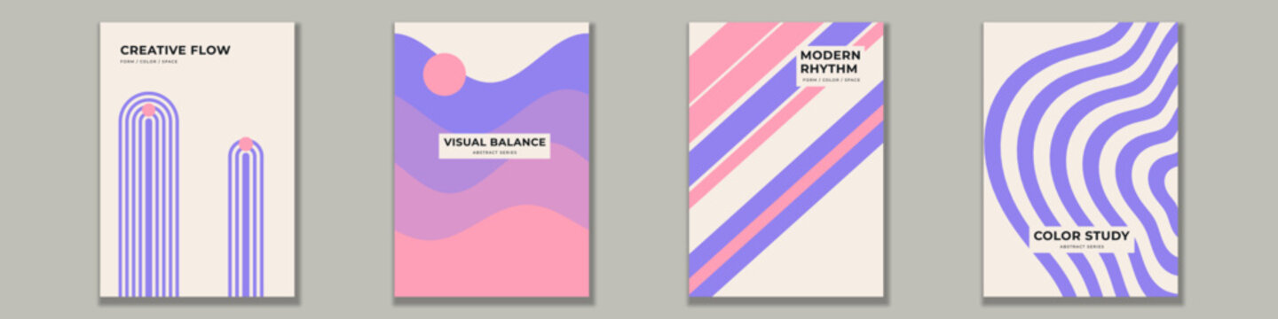 Four abstract posters featuring geometric shapes, minimalist compositions, pastel colors, modern wall prints, and contemporary graphic layouts for interior decoration