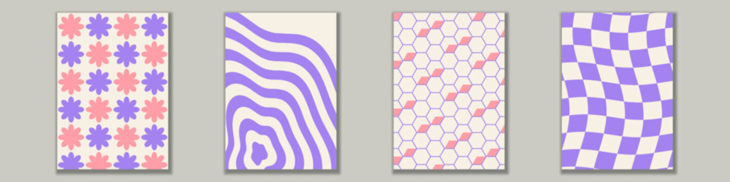 Set of four vertical posters featuring vintage groovy abstract shapes, flower power graphics and distorted wavy checkerboard prints in pastel purple and pink tones