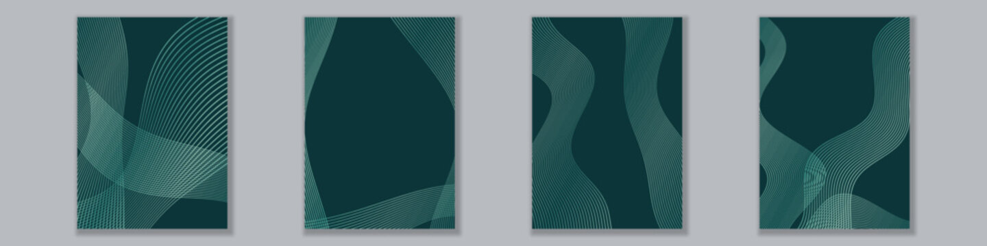Four vertical poster templates featuring dark teal backgrounds and abstract green wavy line graphics for modern minimal wall decor and interior presentations