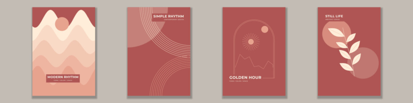 Boho abstract wall art posters with minimalist shapes, sun, mountains and plant leaves in terracotta colors for interior decor
